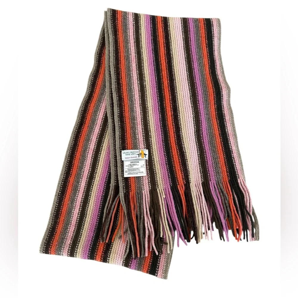 William Brunton Hand Knit 100% Lambswool Scarf Fringe Made Scotland Purple Multi